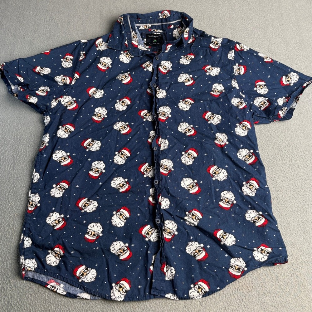 Denim & Flower Ricky Singh Mens Large Christmas Santa Sunglasses Shirt Navy